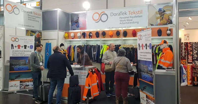 Weißer Messestand mit orangefarbener Bekleidung, Produktgrafiken und mehreren Besuchern.