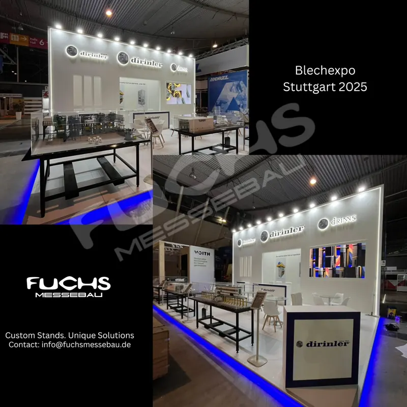 Bildcollage eines weißen Messestands mit Metalltischen und blau beleuchtetem Bodenrand.
