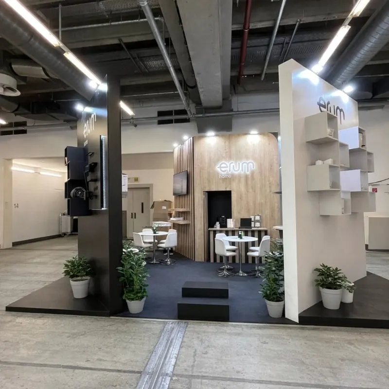 Grauweißer Messestand mit beleuchteten Holzoptikflächen, Pflanzen und heller Sitzgruppe.