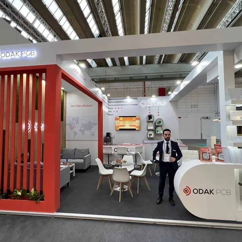 Weiß-roter Messestand mit Lamellenwand, runder Theke und kleinen Produktvitrinen.