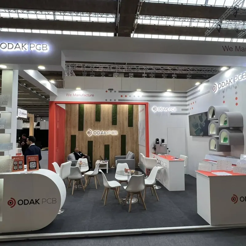 Weiß-roter Messestand mit Holzlamellen an der Rückwand und weißen Sitzgruppen.