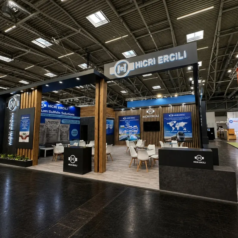 Messestand mit schwarzer Dachblende, blauen Informationswänden, Holzsäulen und weißen Sitzgruppen.