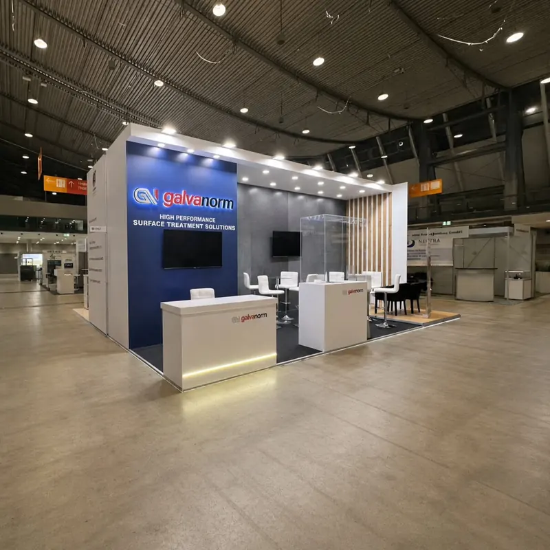 Dunkelblau-weißer Messestand mit beleuchteten Theken und weißen Barhockern.