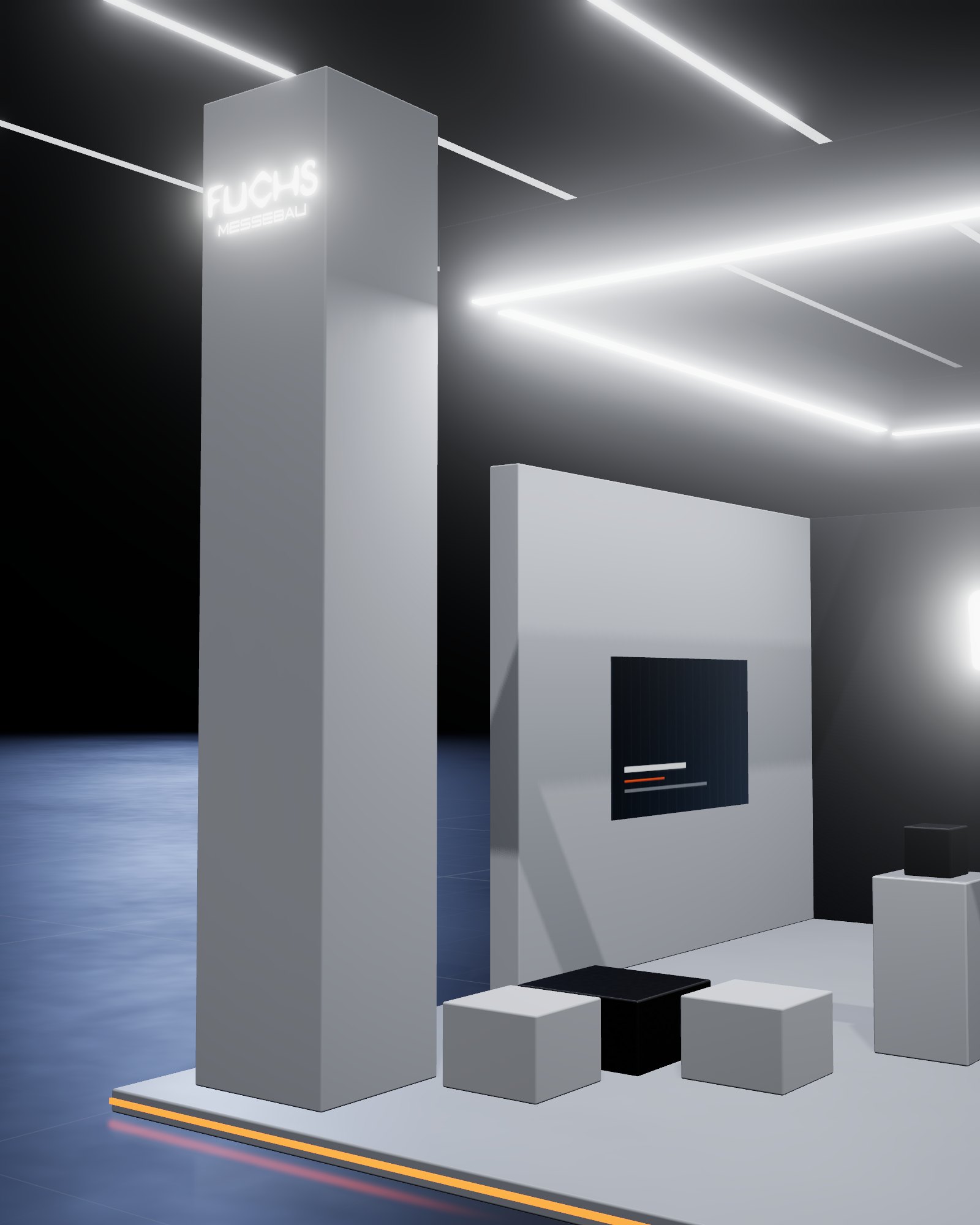 Weißer Markenpylon mit hinterleuchtetem Logo neben einer Lounge