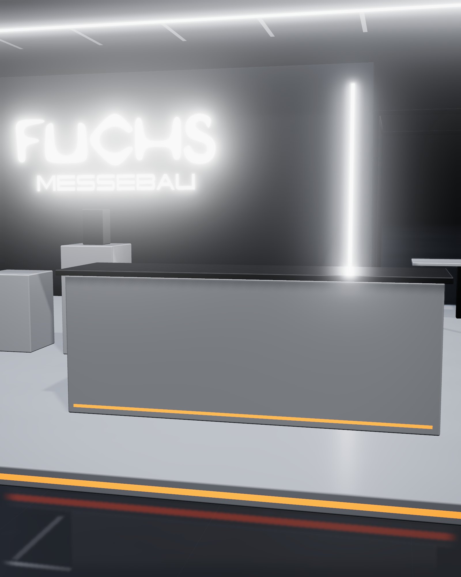 Weiße Empfangstheke mit dunkler Abdeckung und orangefarbener Lichtfuge